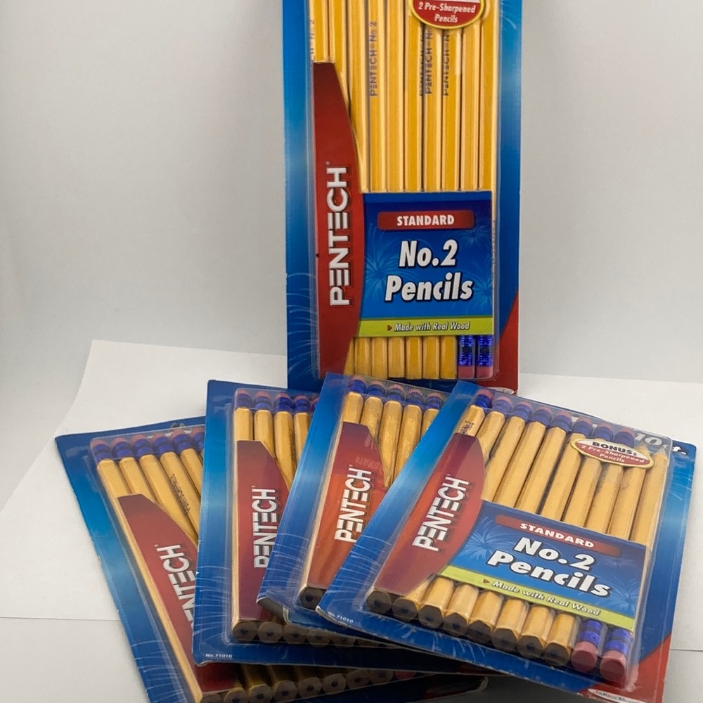 5) Pentech No. 2 Pencils Pack of 10 Yellow Real Wood w/ Erasers Standard